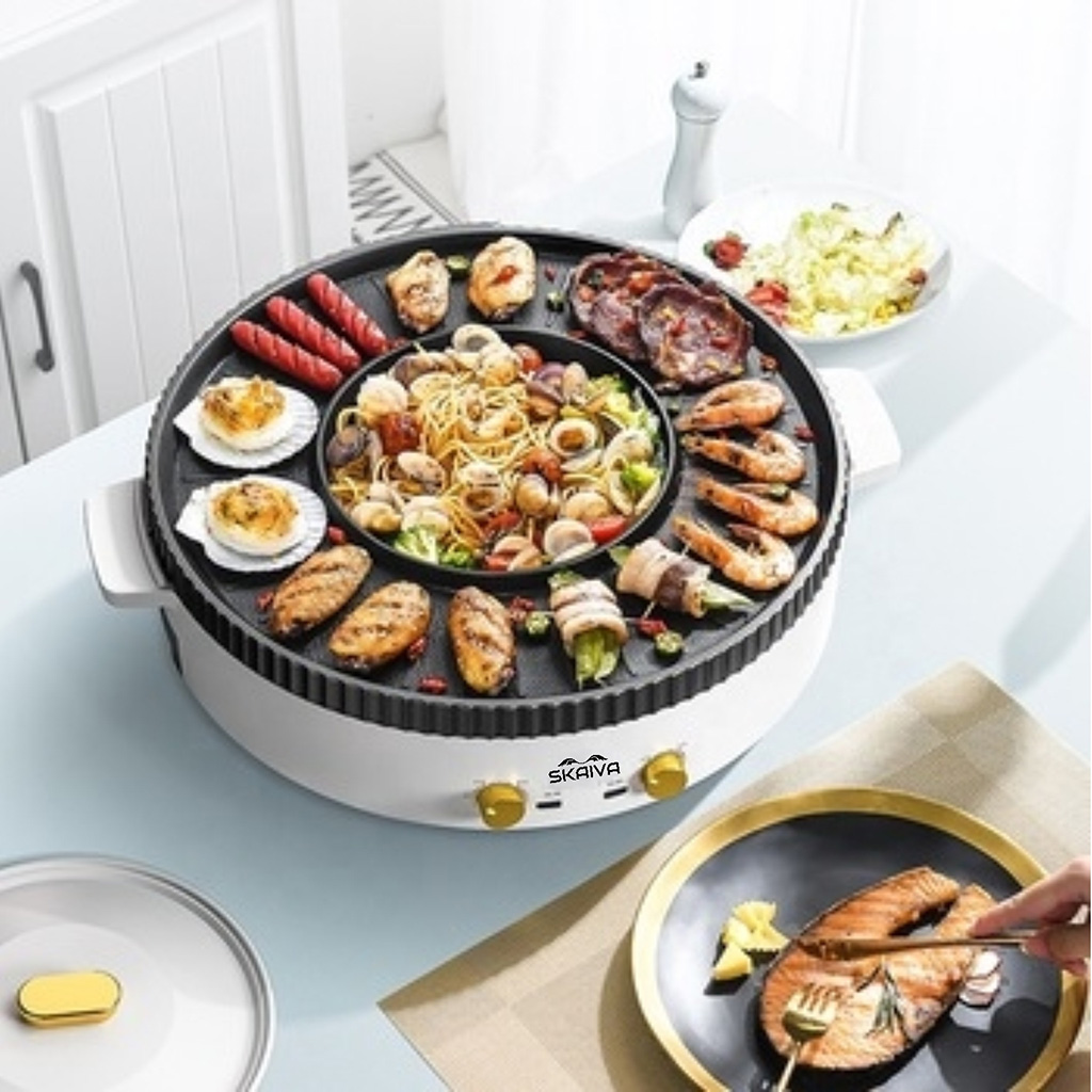 SKAIVA 3 in 1 Electric Smokeless Grill and Hot Pot with Black Silver R –  Deal Supplies